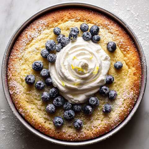 A cake with blueberries and whipped cream.