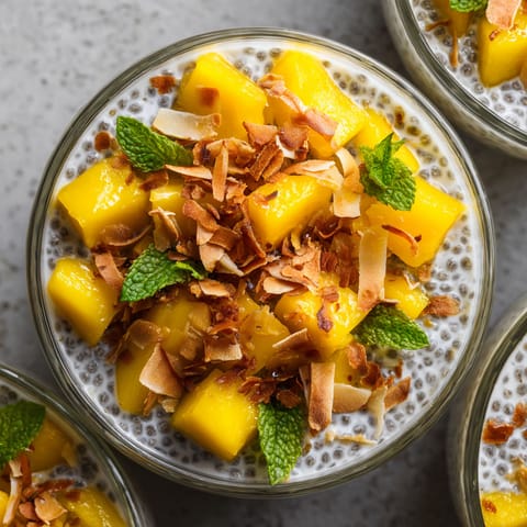 A bowl of mango coconut chia pudding.