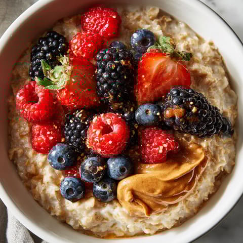 A bowl of oatmeal with berries and almond butter.
