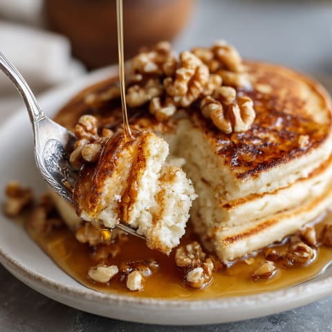 A stack of pancakes with honey and walnuts.