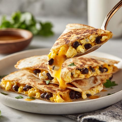 A breakfast quesadilla with black beans and cheese.