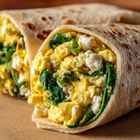 A burrito filled with eggs and spinach.