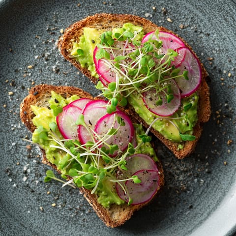 A slice of toast with avocado, radish, and microgreens.