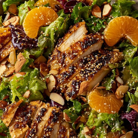 A salad with sesame chicken and oranges.