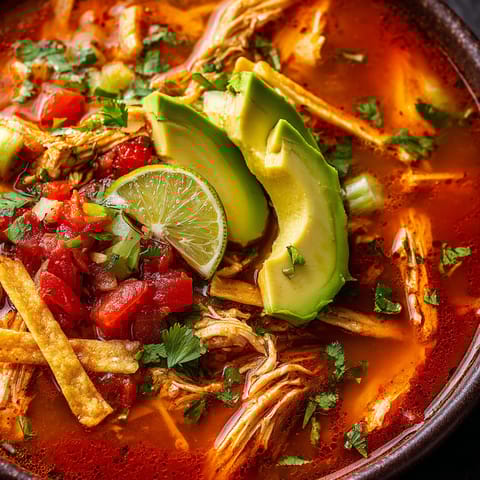 A bowl of chicken tortilla soup with a slice of lime.