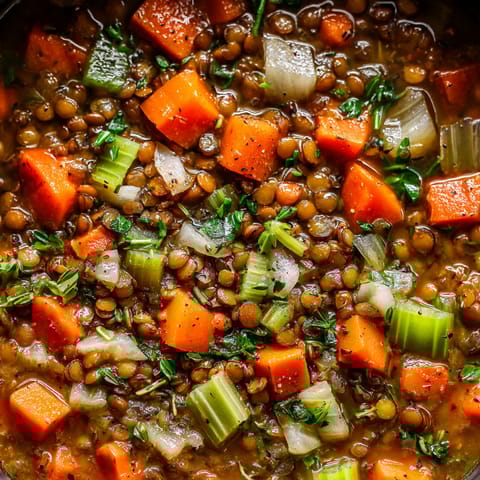 A bowl of soup with carrots, onions, and lentils.