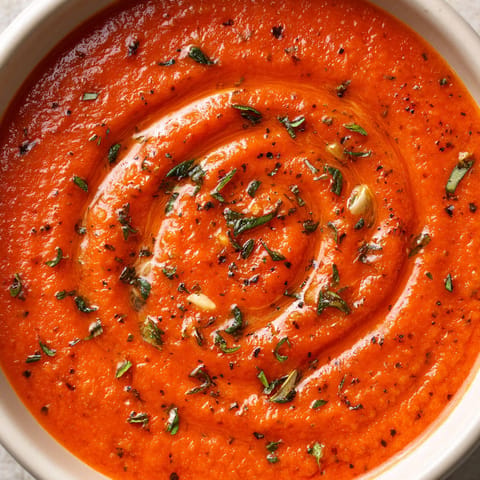 A bowl of red soup with green herbs.