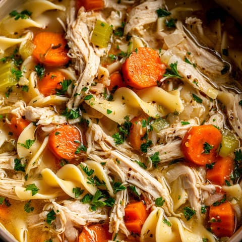 A bowl of chicken noodle soup with carrots.