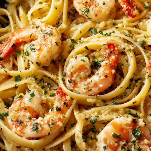 A plate of shrimp scampi linguine.