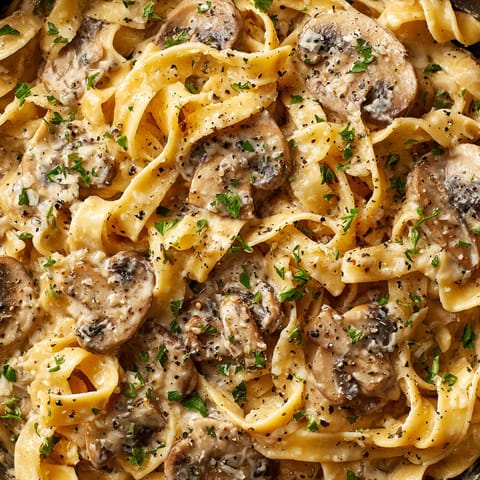A bowl of pasta with mushrooms and cheese.