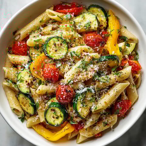 A bowl of pasta with tomatoes, zucchini, and cheese.