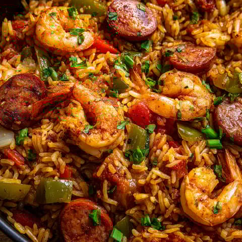 A bowl of rice with shrimp, sausage, and peppers.