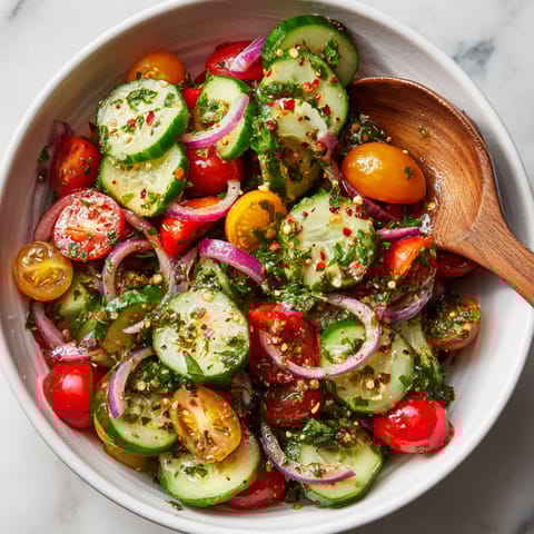 A bowl of vegetables including cucumbers, tomatoes, and onions.