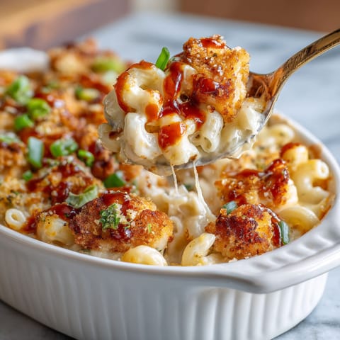 A spoon is in a bowl of Sweet Chili Chicken Mac and Cheese.
