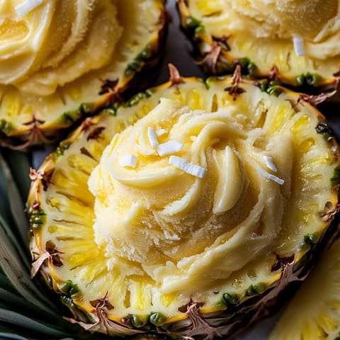 A close up of a pineapple with a yellow center.