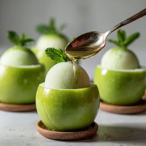 A spoon is drizzling honey over a green fruit.