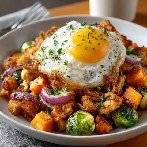 A plate of food with a fried egg on top.