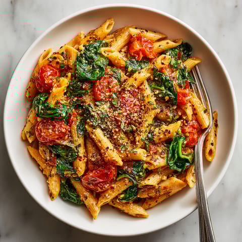 A plate of pasta with tomatoes and spinach.