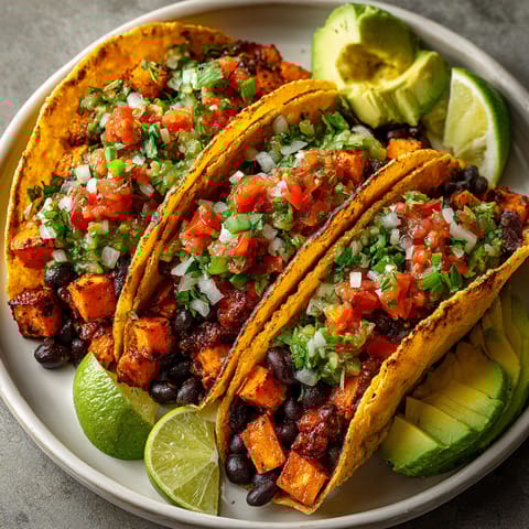 Two tacos with sweet potato and black beans.
