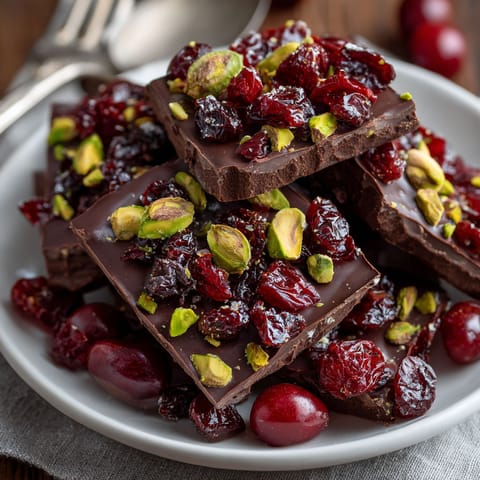 A plate of chocolate bark with cherries on top.