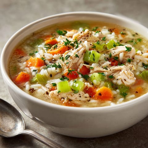 A bowl of soup with chicken and vegetables.
