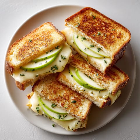 A plate of grilled cheese sandwiches with apples and sage butter.