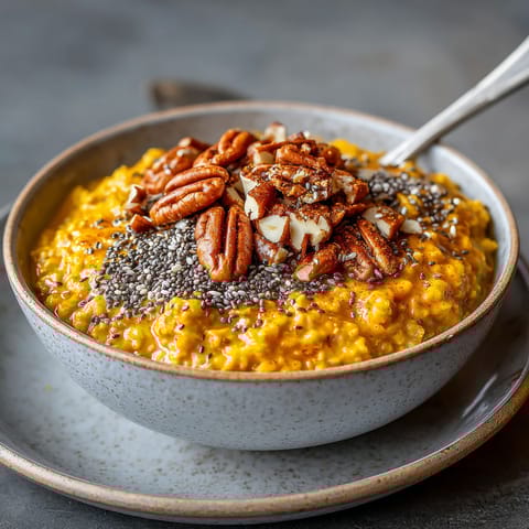 A bowl of pumpkin spice oatmeal with nuts on top.