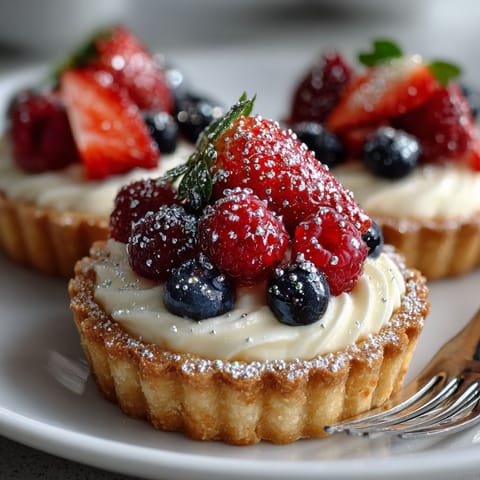 A plate of fruit tarts with raspberries and blueberries.