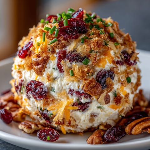 A plate of food with a cheese ball on top.