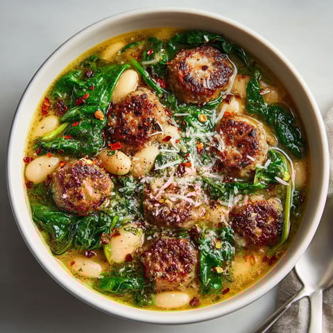 A bowl of food with meatballs and greens.