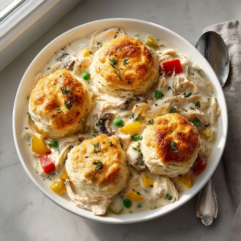 A bowl of food with biscuits on top.