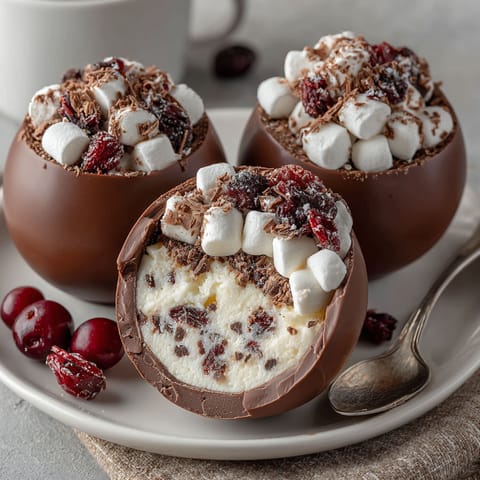 A plate with three chocolate cups filled with marshmallows and raspberries.