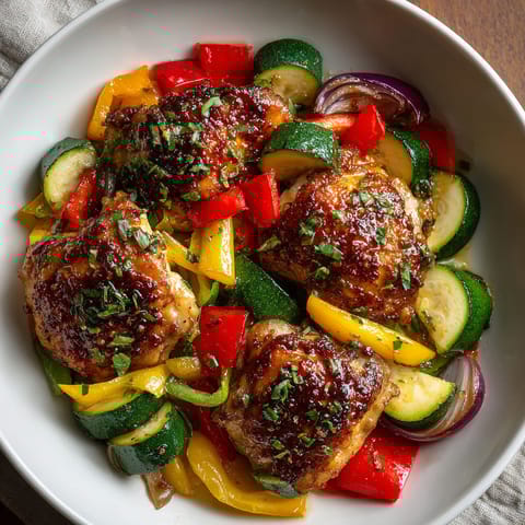 A plate of food with chicken, peppers, and zucchini.