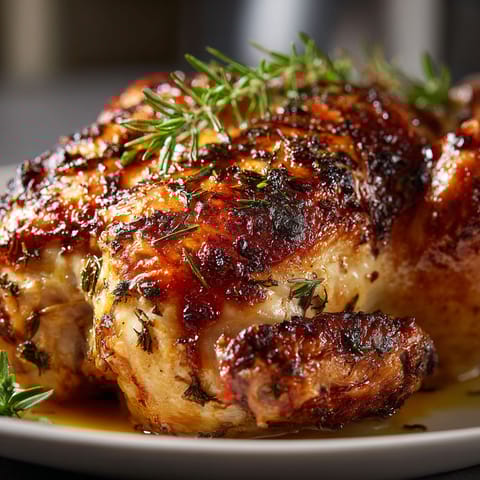 A close up of a spatchcocked herb roasted chicken.