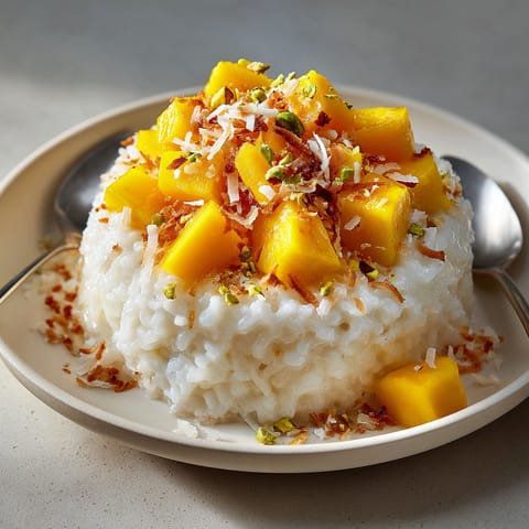 A plate of rice pudding with mango and coconut toppings.