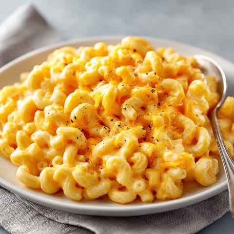 A plate of macaroni and cheese.
