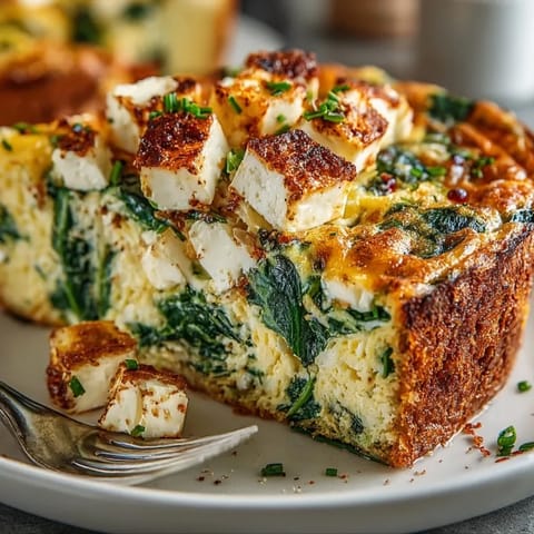 Delicious, warm Spinach and Feta Breakfast Bake ready to be sliced and served for brunch.