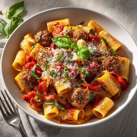 Close-up of spicy sausage rigatoni; al dente pasta in a rich, tomato cream sauce.