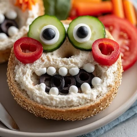 Kids will love these Monster Face Bagels, topped with fresh, crunchy vegetables.