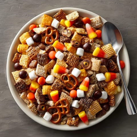 Bowlful of homemade Monster Mash Snack Mix, perfect for spooky season celebrations and snacking.