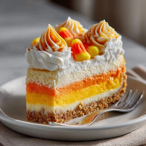 Rich Candy Corn Cheesecake featuring colorful fall layers atop a buttery graham cracker crust.
