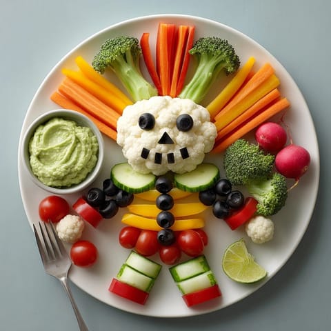 Festive Skeleton Veggie Platter with a luscious green avocado dip, perfect for adding excitement to snacks.