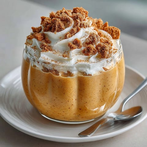 Close-up Pumpkin Pie Smoothie swirled with cream and graham cracker crumbs in glass.