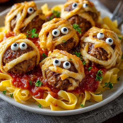 Warm, saucy mummy meatballs with marinara and pasta, a spooky Halloween treat.