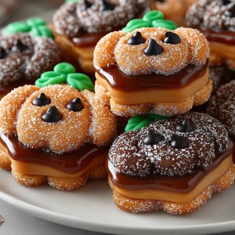 Warm, gooey Caramel-Filled Jack-o'-Lantern Cookies, shaped like pumpkins with smiling faces.
