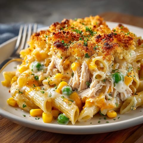 Oven-baked Creamy Tuna Pasta Bake: A rich, comforting dish with melted cheese pull.