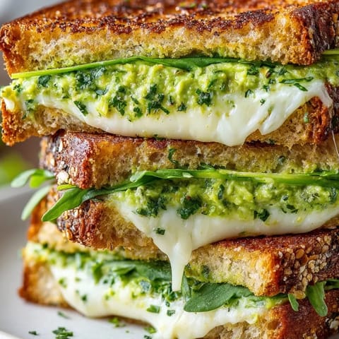 Close-up of a Green Goddess grilled cheese, showing layers of vibrant fillings and toasted bread.