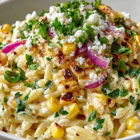 Close-up of zesty Mexican Street Corn Orzo, sprinkled with cilantro and crumbled cheese.
