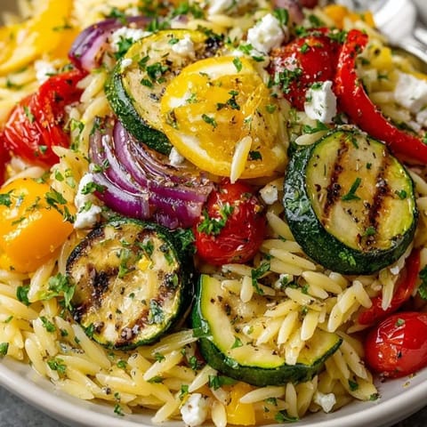 Creamy Orzo with Roasted Vegetables and Feta: Golden vegetables tossed with tangy cheese.