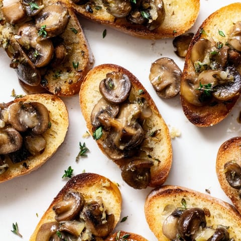 Close-up of savory Garlic Sautéed Mushroom Toast Sliders, showing juicy mushroom texture.